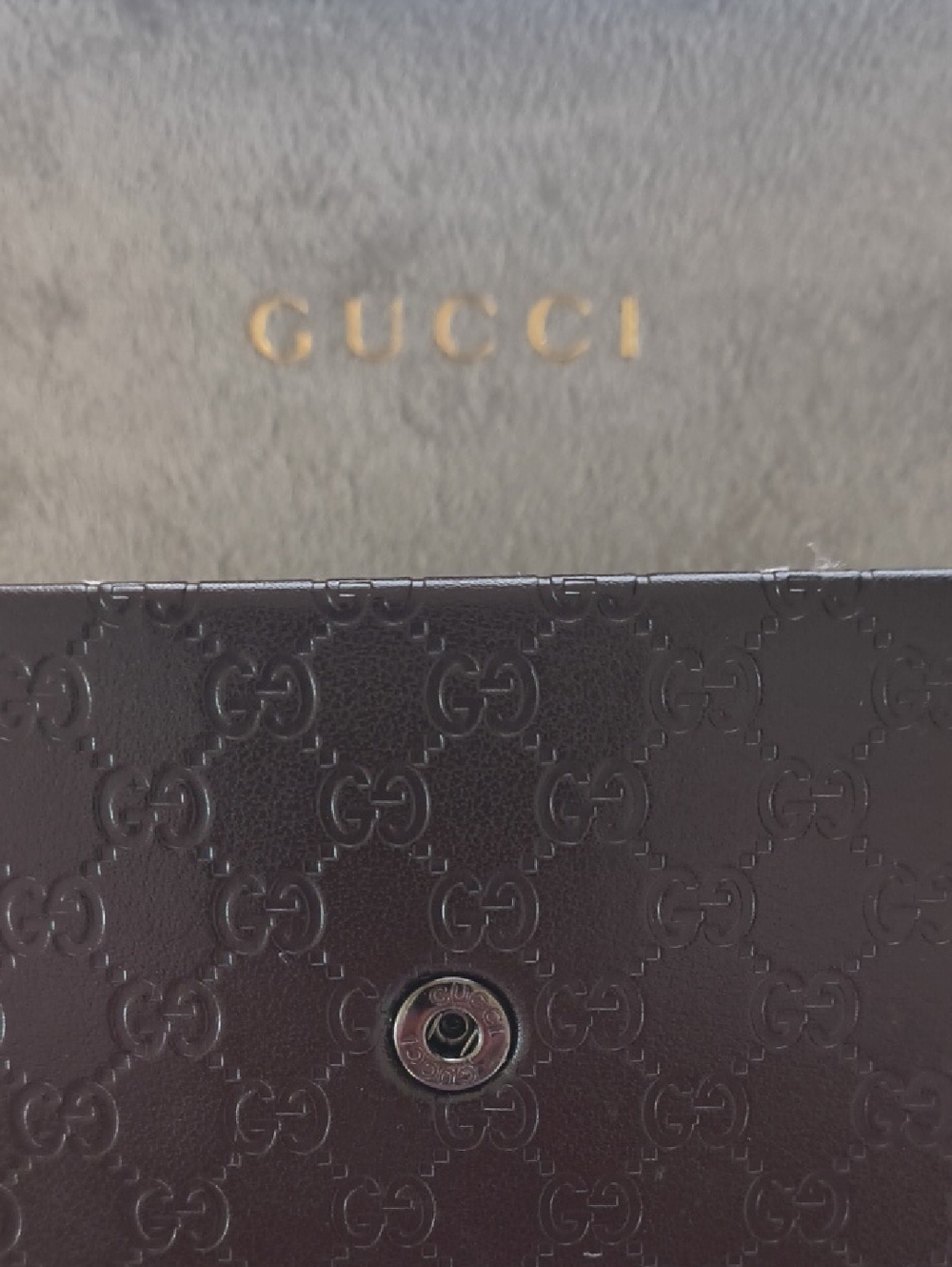 Gucci Dark Brown Embossed GG Snap Eye Glass Case with Gold Logo